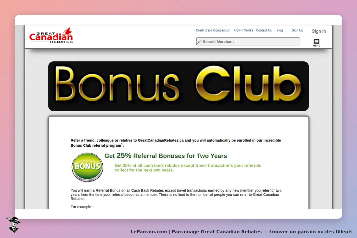 Great Canadian Rebates : page d'accueil présentant le programme Bonus Club et ses avantages