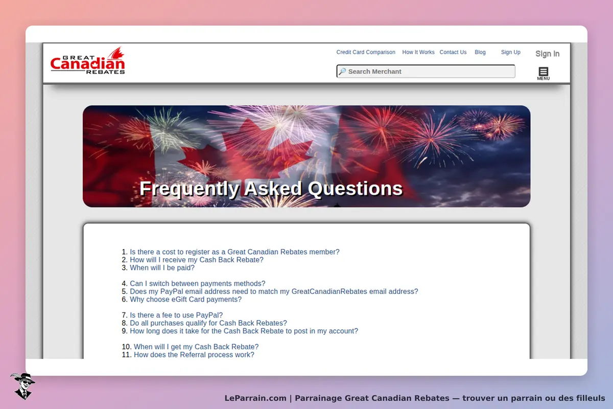 Great Canadian Rebates : section FAQ avec questions sur l'inscription et les remboursements