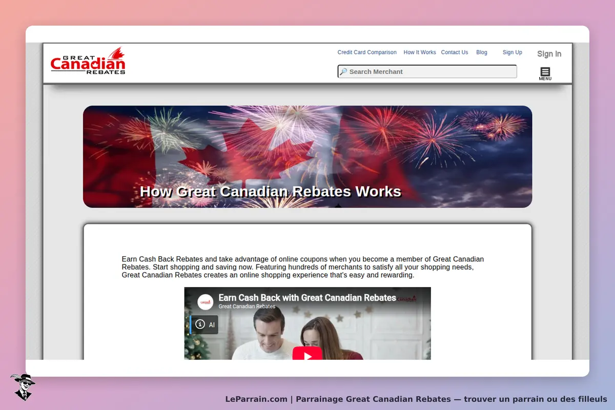 Great Canadian Rebates : page d'accueil avec vidéo et feux d'artifice en arrière-plan