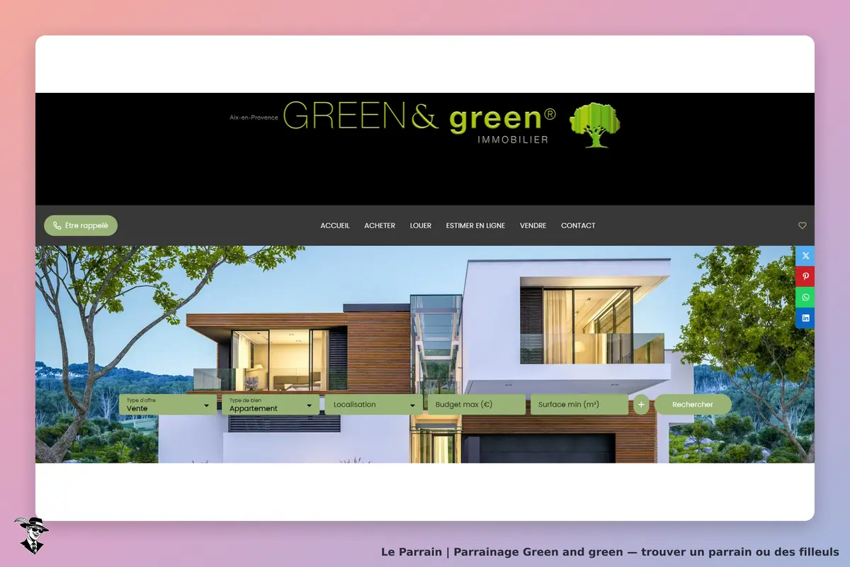 Green and green : page d'accueil avec un formulaire de recherche immobilière et une maison moderne