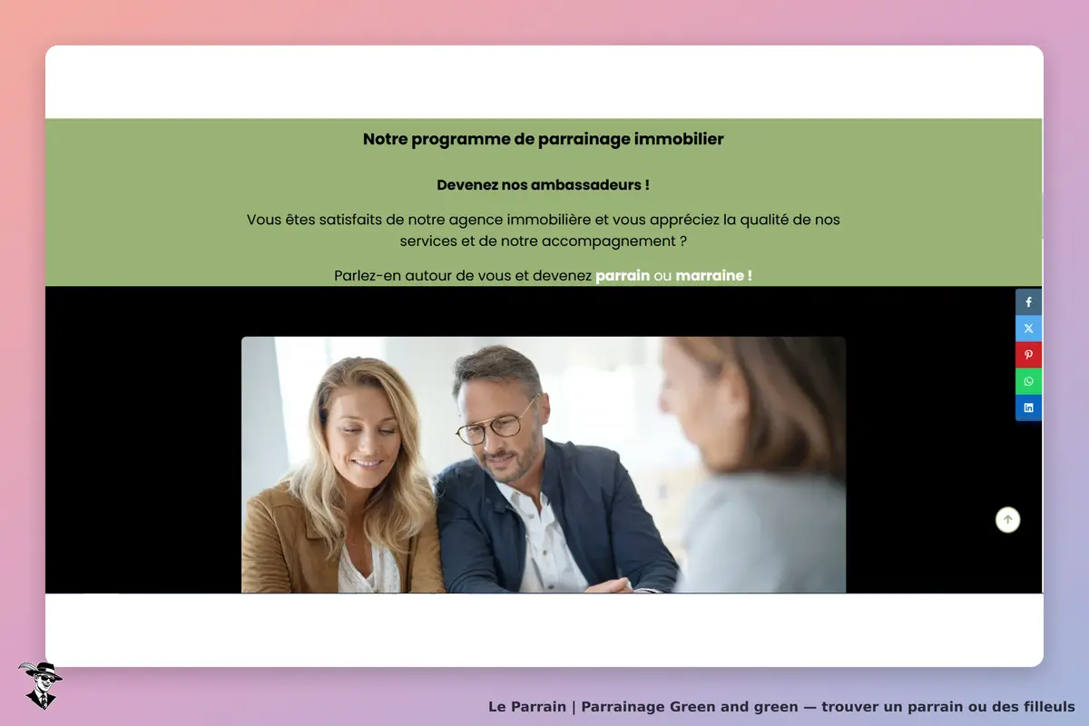 Green and green : page d'accueil présentant un programme de parrainage immobilier avec des images