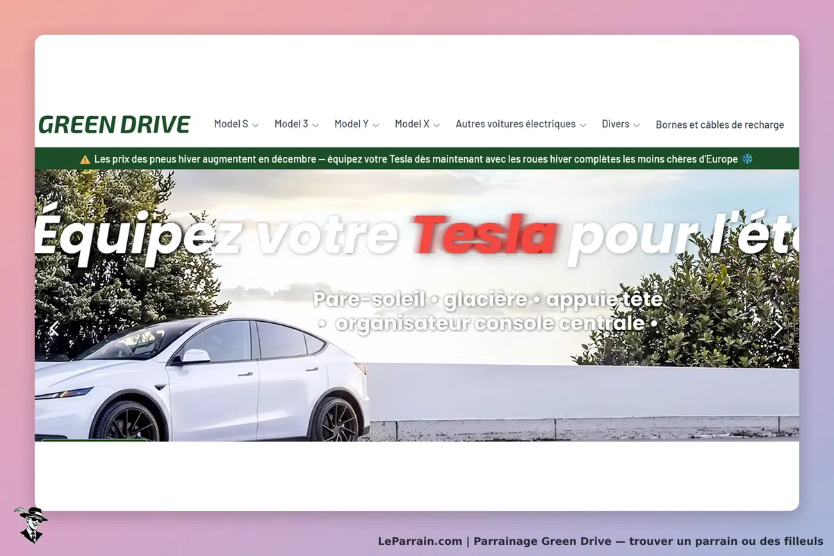 Green Drive : page d'accueil avec une Tesla et des accessoires pour l'été en arrière-plan