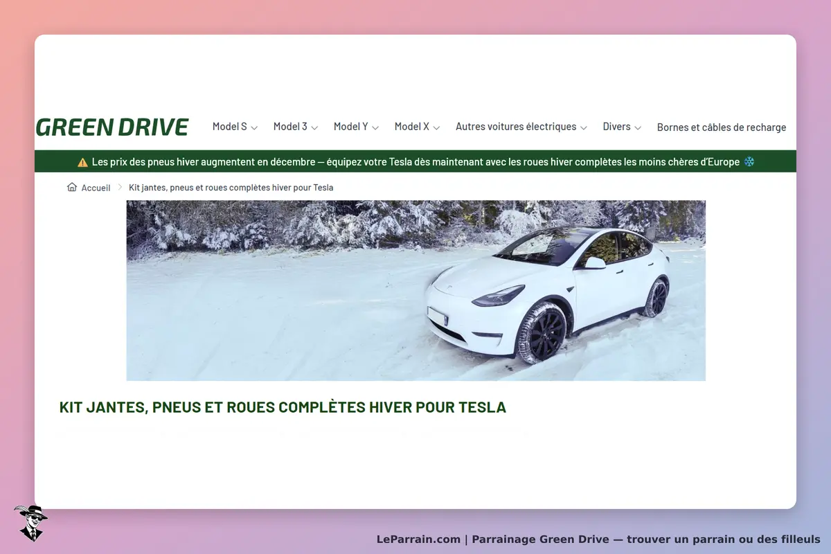 Green Drive : voiture Tesla blanche sur la neige avec un texte sur les kits de roues hiver
