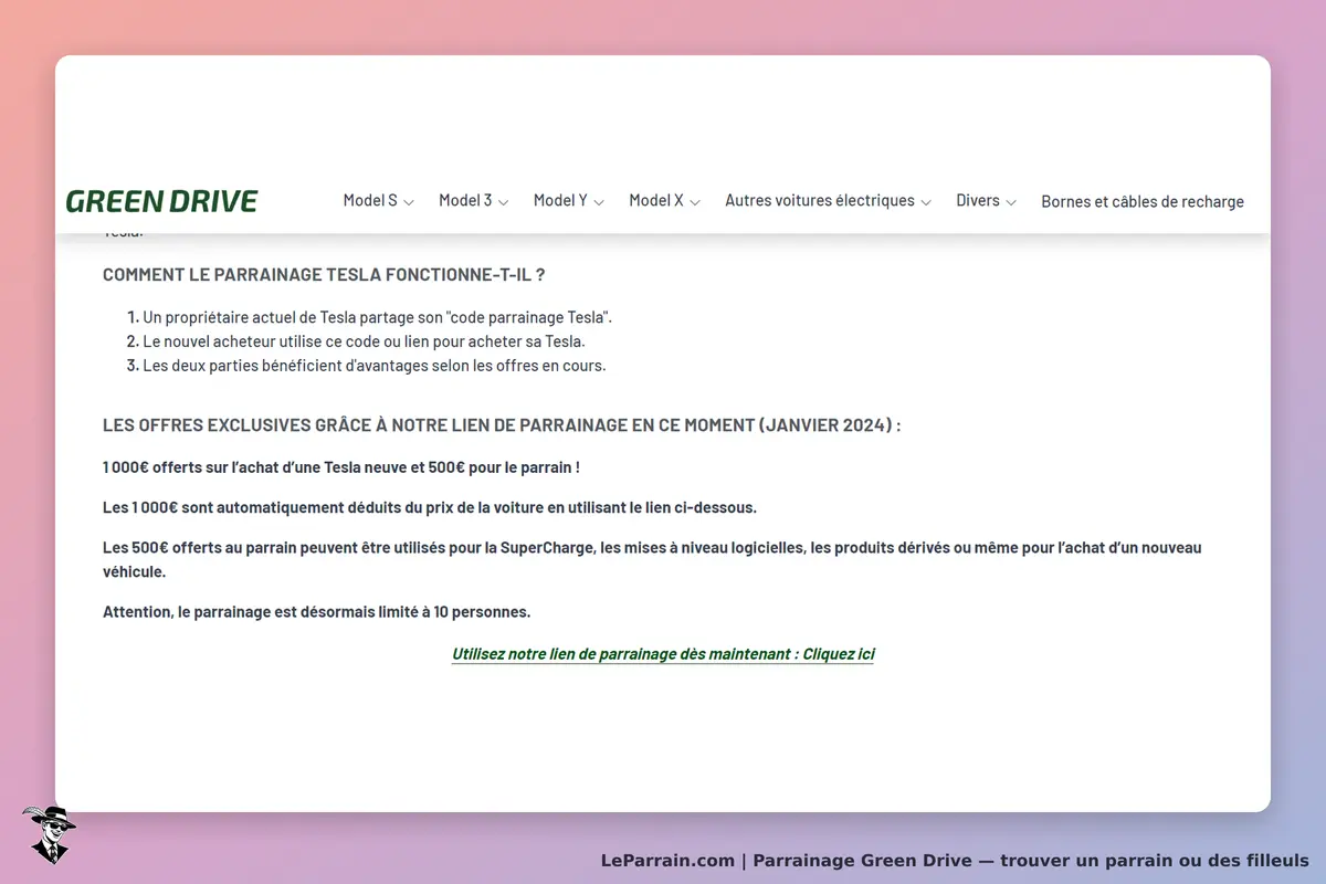Green Drive : page d'accueil présentant le parrainage Tesla et des offres exclusives