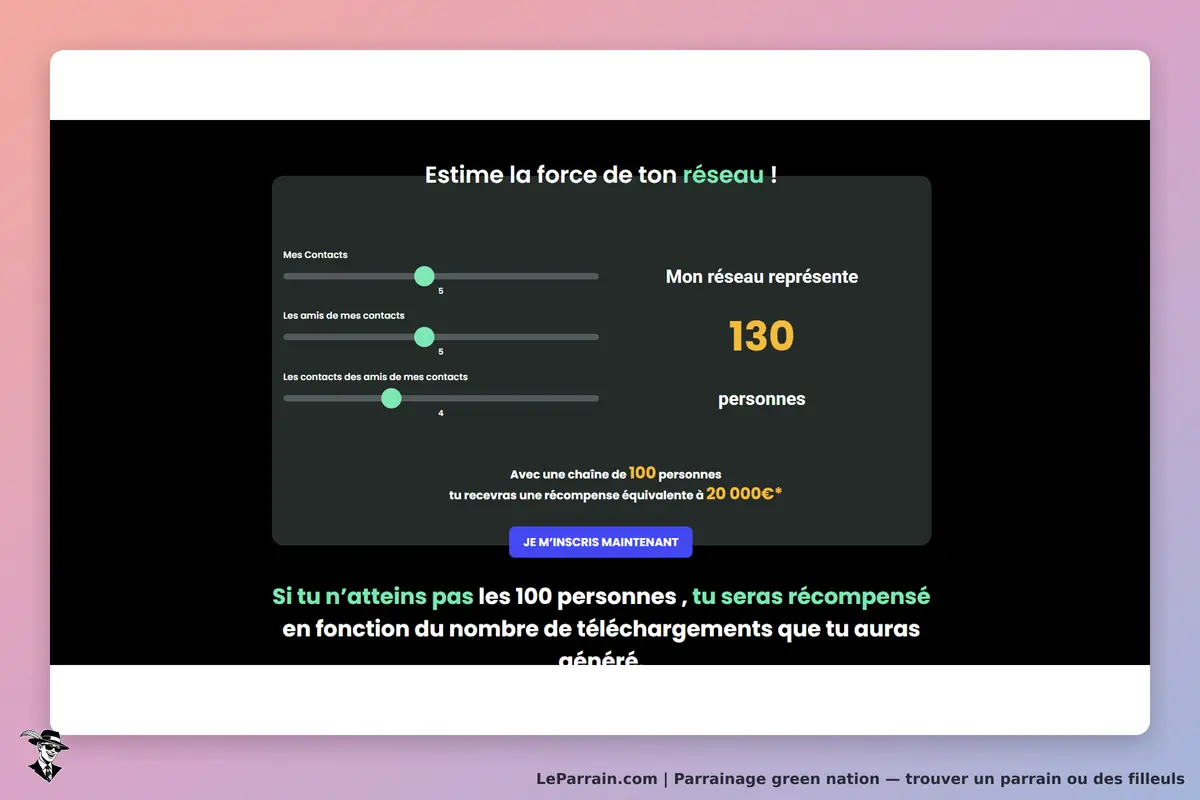 green nation : estimation de la force du réseau avec des curseurs et un message d'inscription