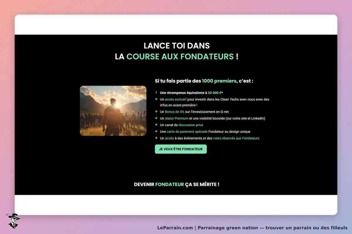 green nation : page d'accueil avec un appel à devenir fondateur et une image de groupe en extérieur