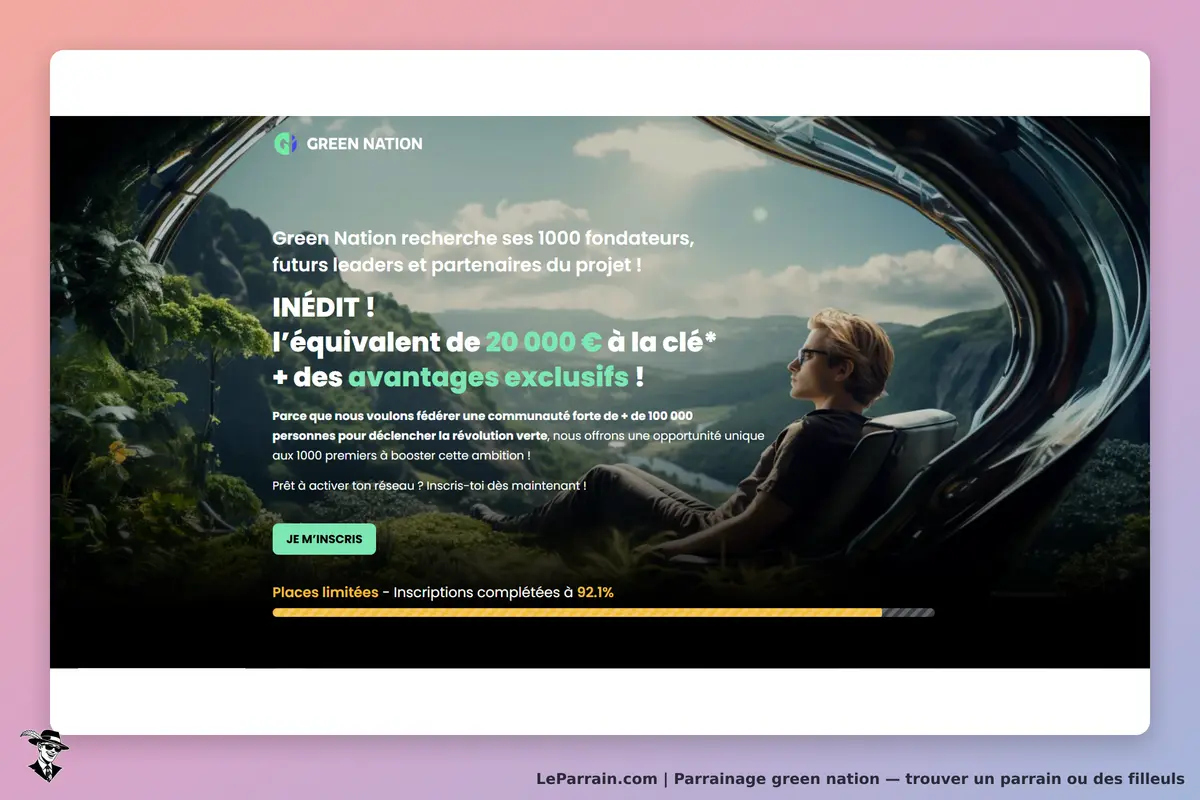 Green Nation : page d'accueil avec un jeune homme assis, paysage verdoyant en arrière-plan