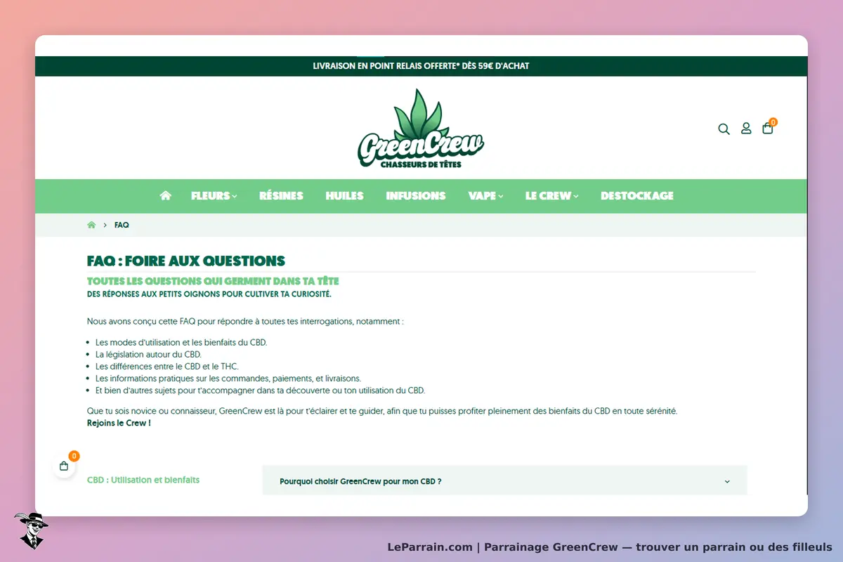 GreenCrew : page FAQ avec des questions sur le CBD et ses usages, en-tête vert et logo