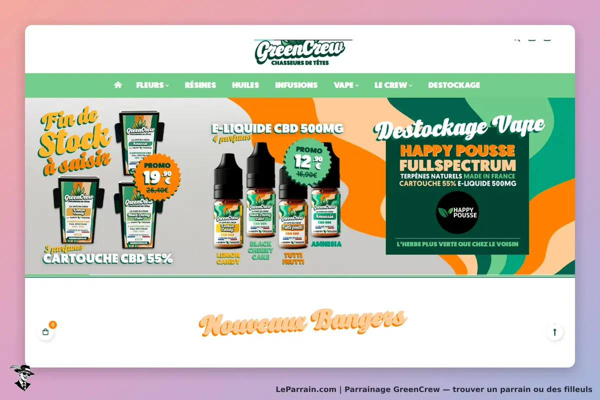 GreenCrew : page d'accueil avec produits CBD, cartouches et e-liquides en promotion