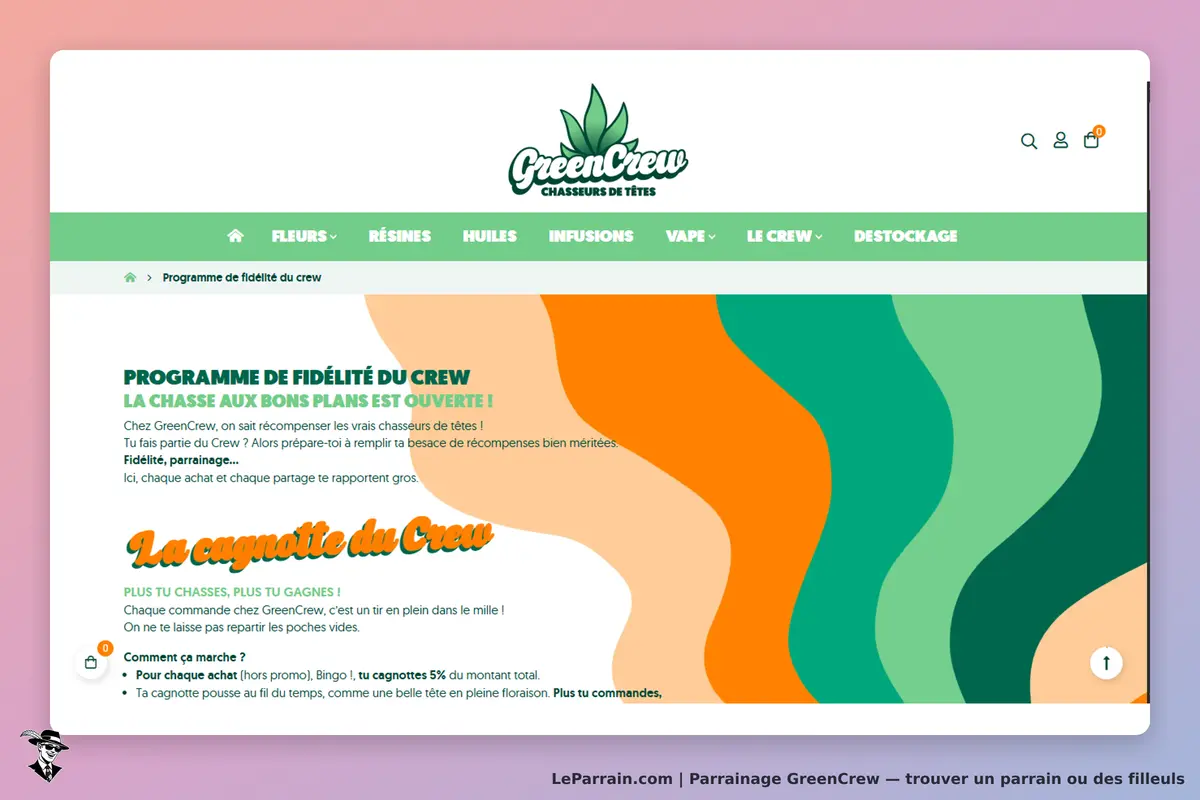 GreenCrew : page d'accueil avec programme de fidélité et design coloré en vagues