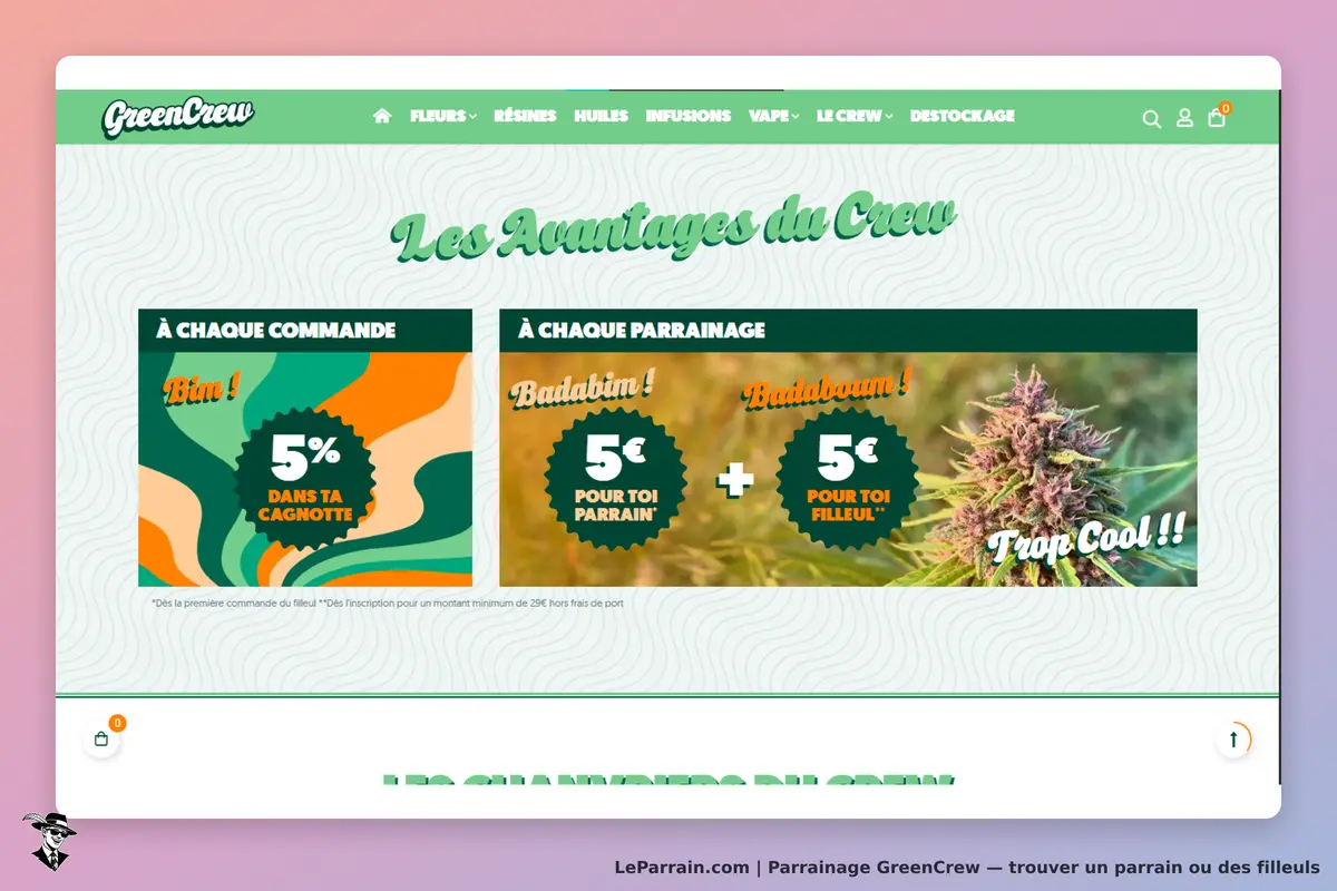 GreenCrew : avantages du parrainage et promotions affichées sur la page d'accueil