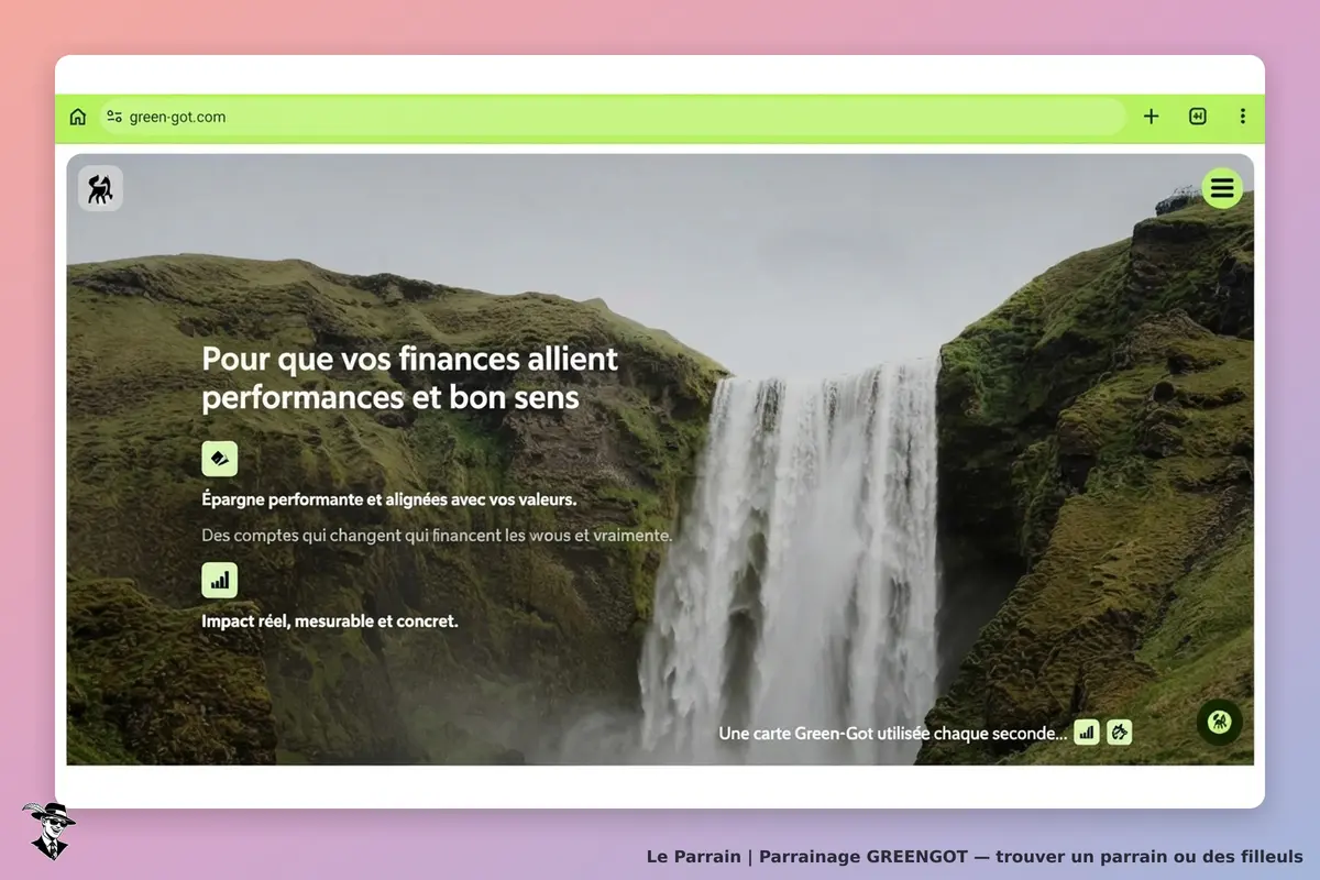 GREENGOT : page d'accueil avec un paysage de cascade et un texte sur l'épargne responsable