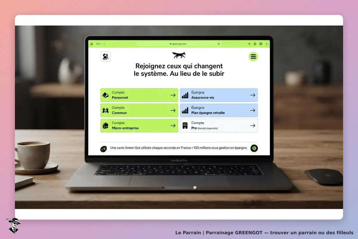 GREENGOT : page d'accueil avec options de comptes et épargnes affichées sur un ordinateur portable