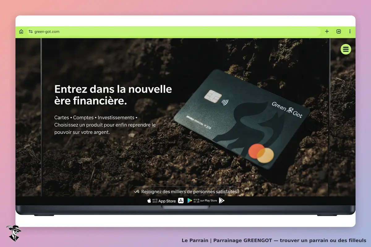 GREENGOT : page d'accueil présentant une carte sur un fond de terre, avec un slogan financier