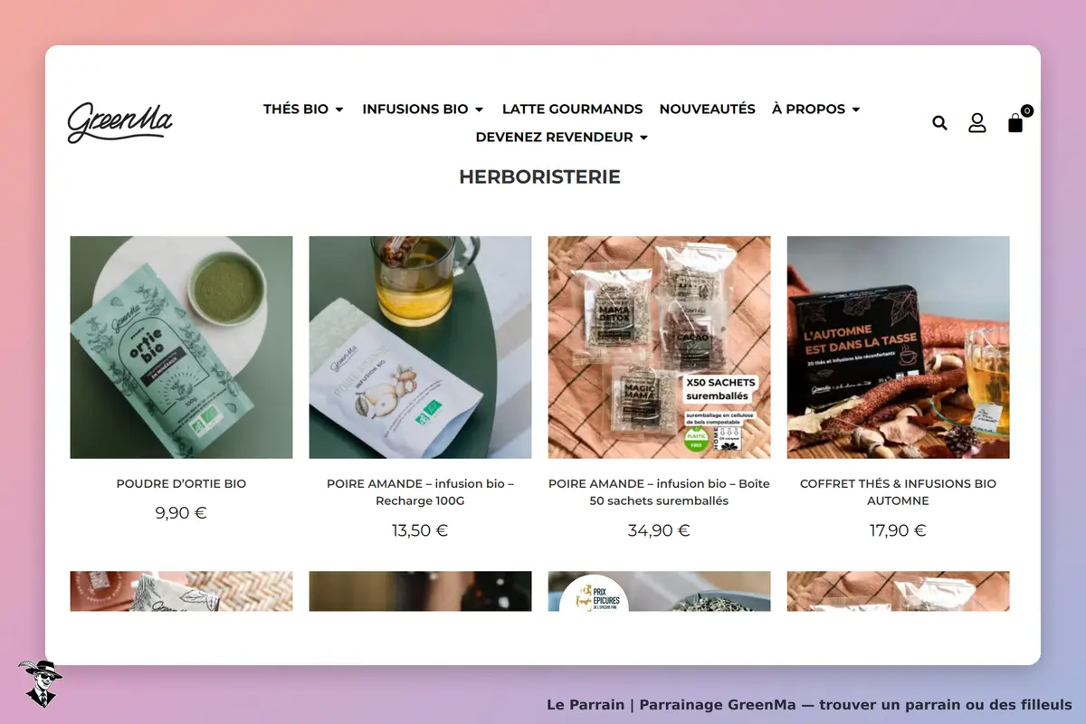 GreenMa : page d'accueil avec divers produits bio et infusions présentés en vignettes