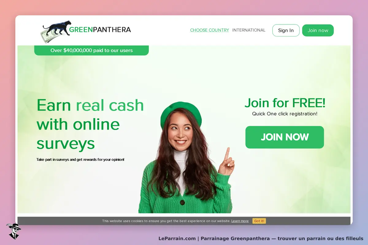 Greenpanthera : page d'accueil avec une femme souriante en vert et un bouton d'inscription