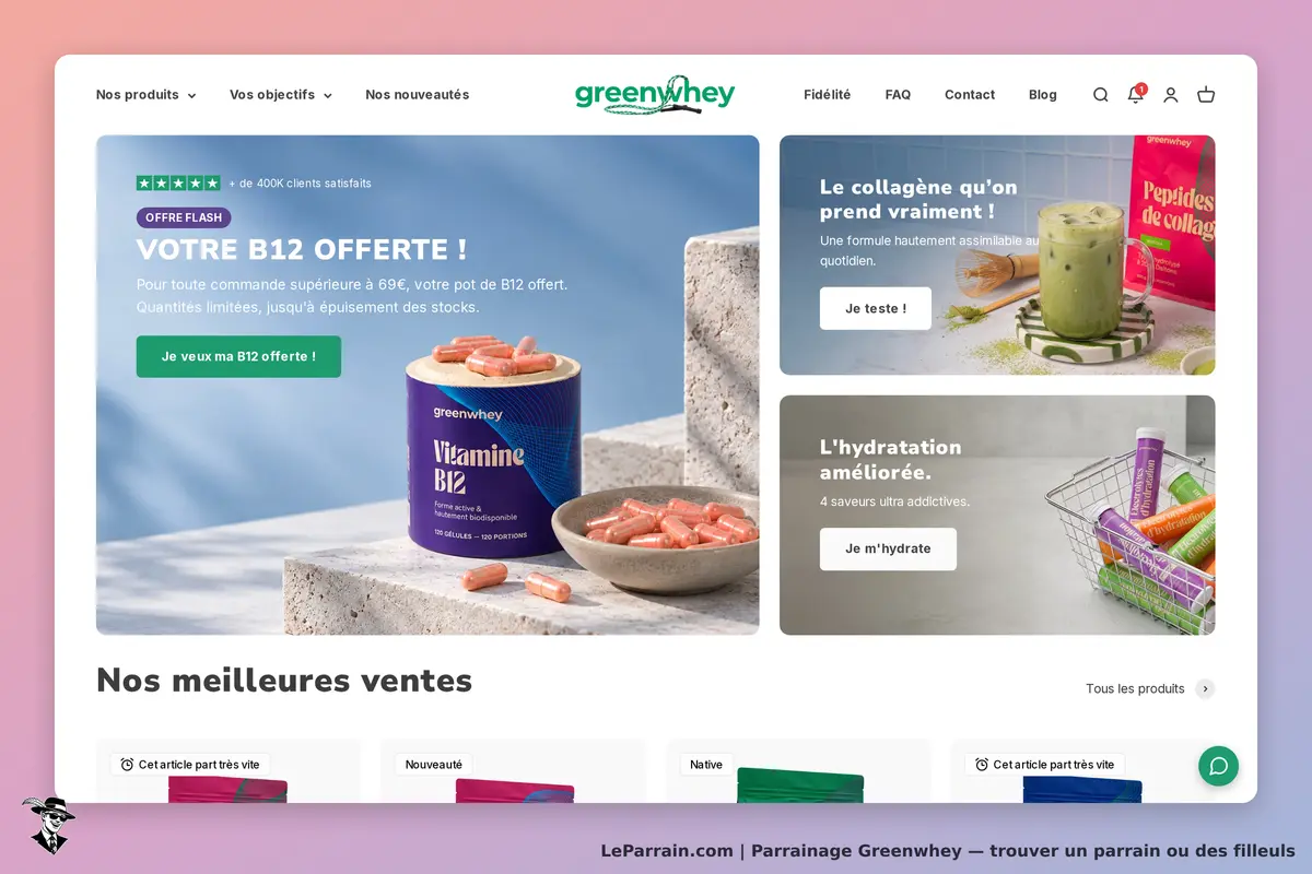 Greenwhey : page d'accueil avec produits, offres et sections sur la vitamine B12 et le collagène