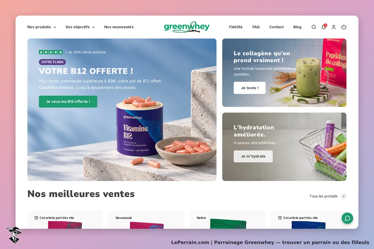 Greenwhey : page d'accueil avec produits, offre de vitamine B12 et sections sur les meilleures
