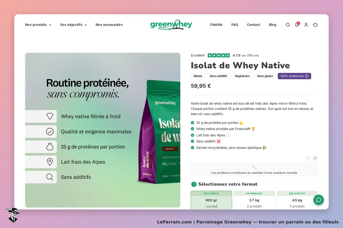 Greenwhey : page produit affichant l'isolat de whey native avec description et options de format