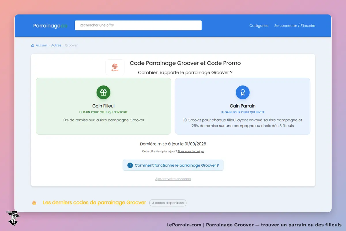 Parrainage.co : page de parrainage Groover avec gains pour filleuls et parrains