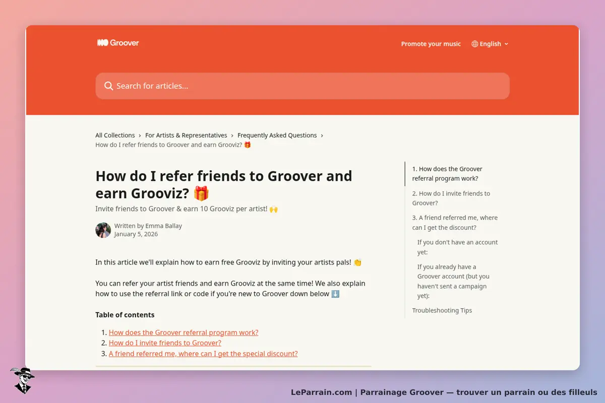 Groover : page d'accueil avec un article sur le parrainage et des questions fréquentes