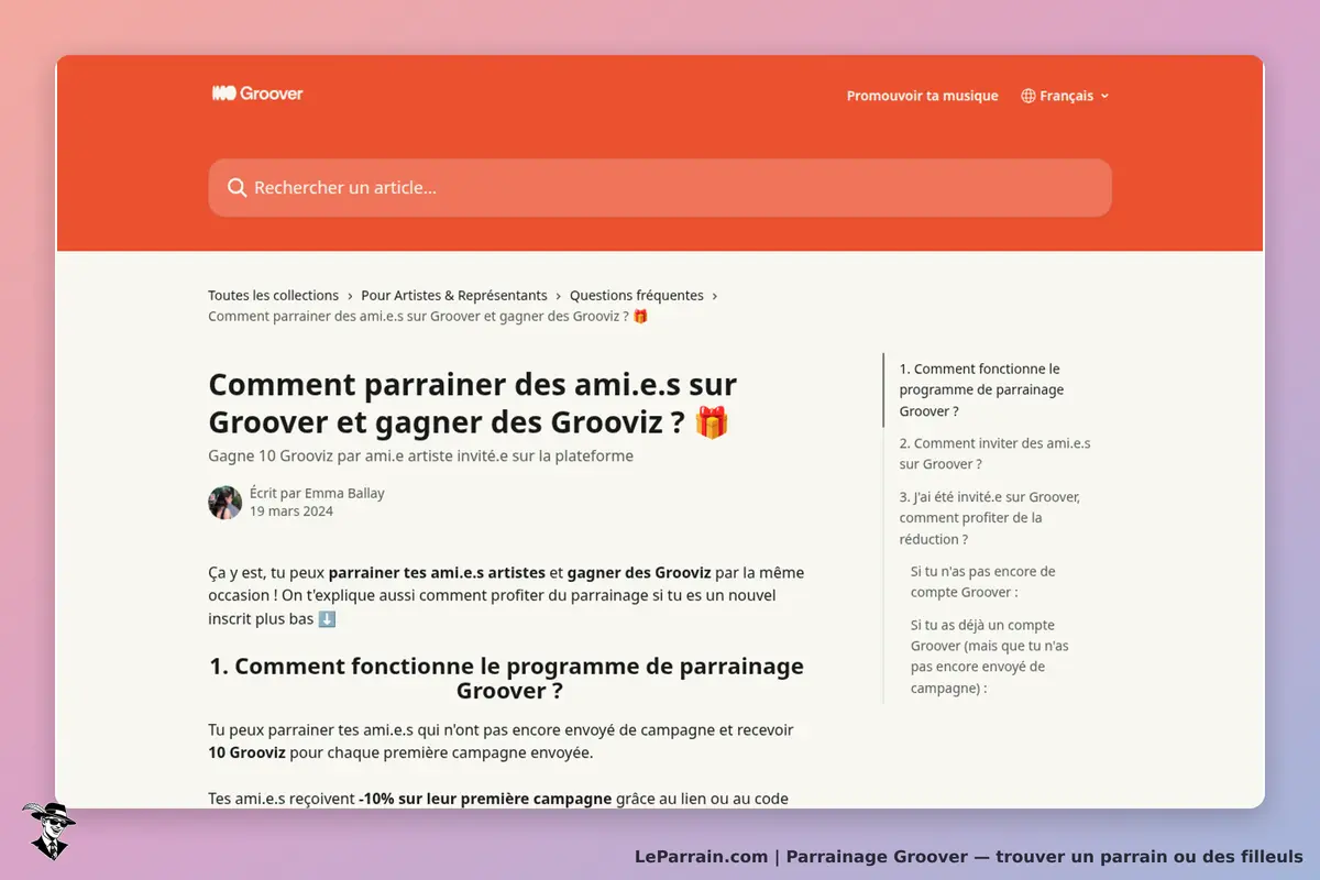 Groover : page d'aide sur le parrainage avec des questions fréquentes et des explications