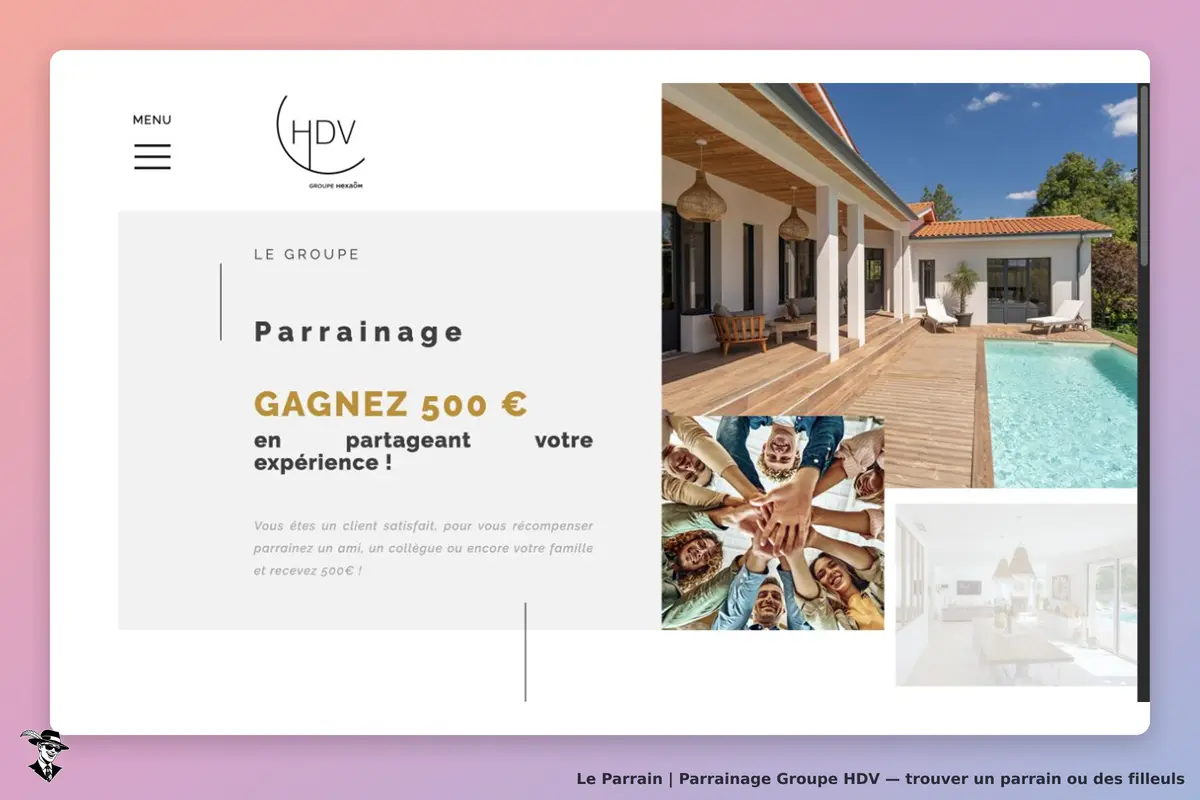 Page officielle de parrainage du Groupe HDV annonçant 500 € pour les clients qui recommandent un proche souhaitant faire construire.