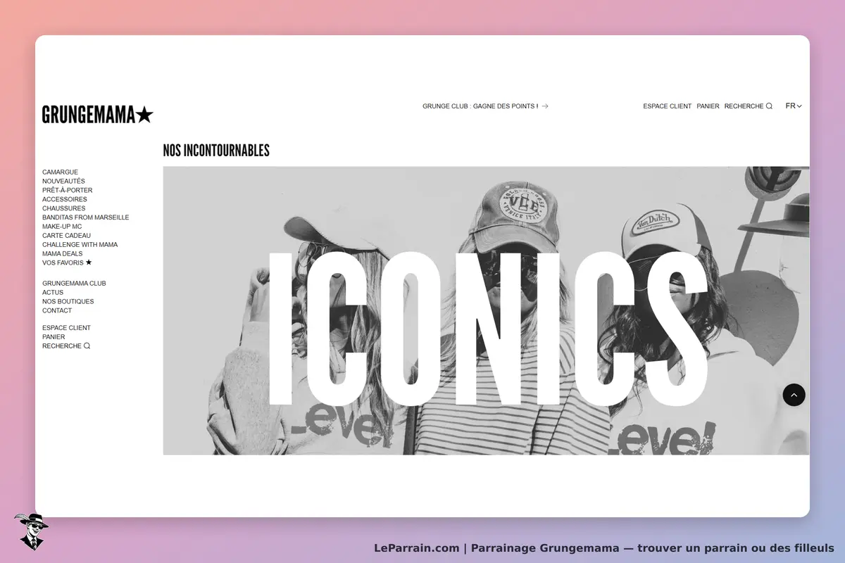 Grungemama : page d'accueil avec le mot "ICONICS" et des silhouettes de personnes portant des