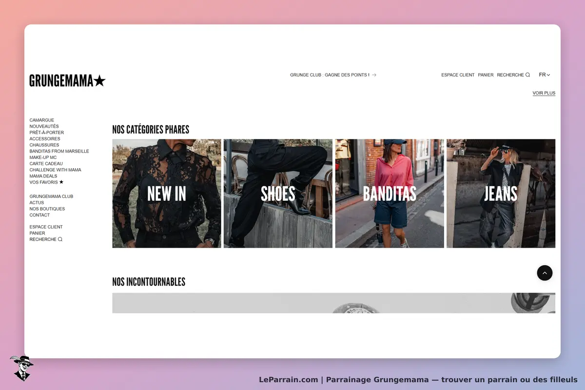 Grungemama : page d'accueil avec catégories phares et images de vêtements et accessoires