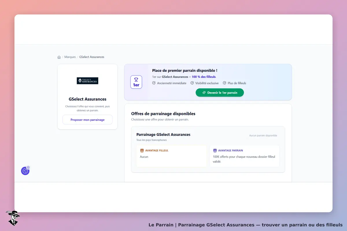 GSelect Assurances : page d'accueil avec options de parrainage et informations sur les offres