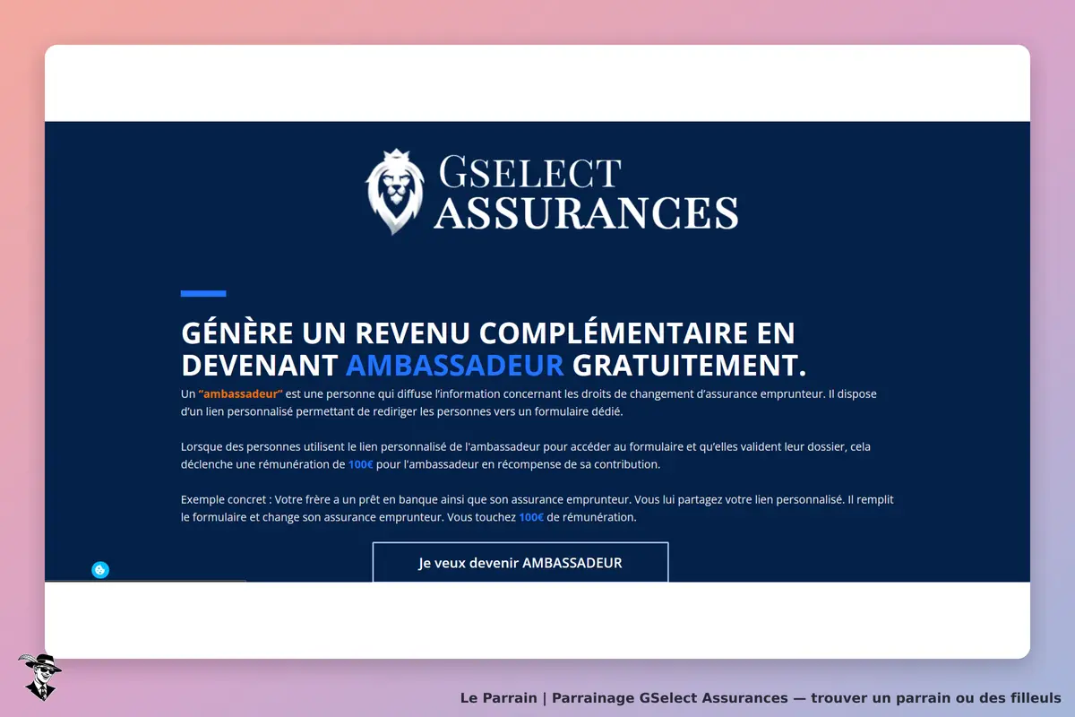 GSelect Assurances : page d'accueil présentant le programme d'ambassadeur et ses avantages