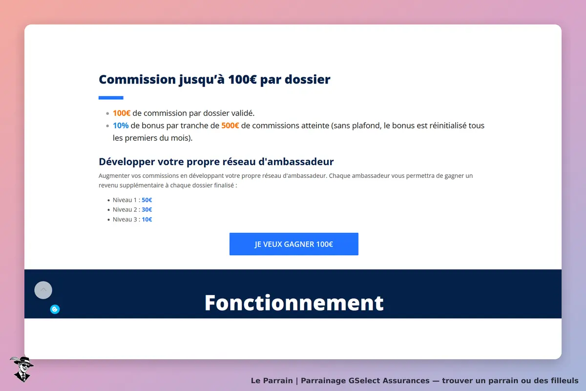 GSelect Assurances : page d'accueil avec informations sur les commissions et un bouton d'action