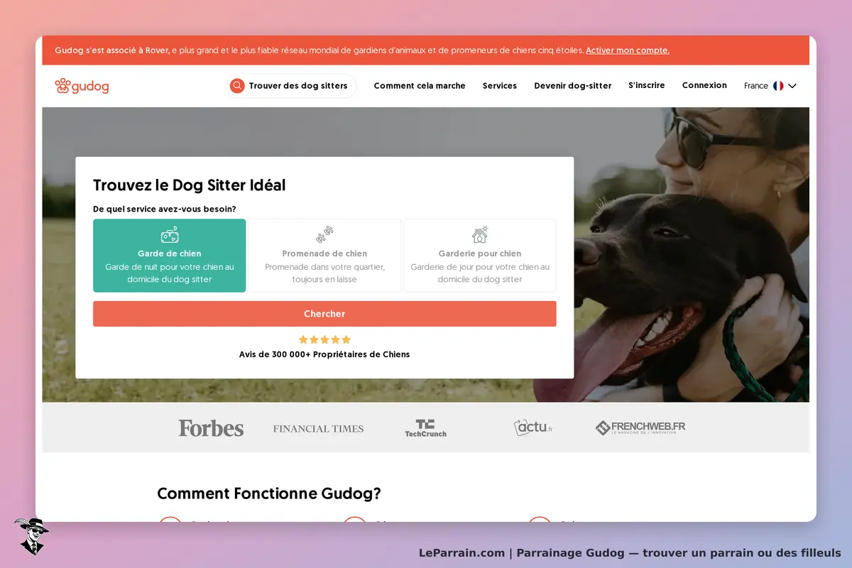 Gudog : page d'accueil avec options de services pour dog sitters et avis d'utilisateurs