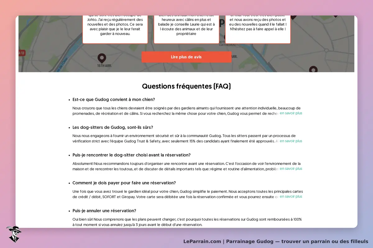 Gudog : section FAQ avec questions sur le service de garde pour chiens et avis clients