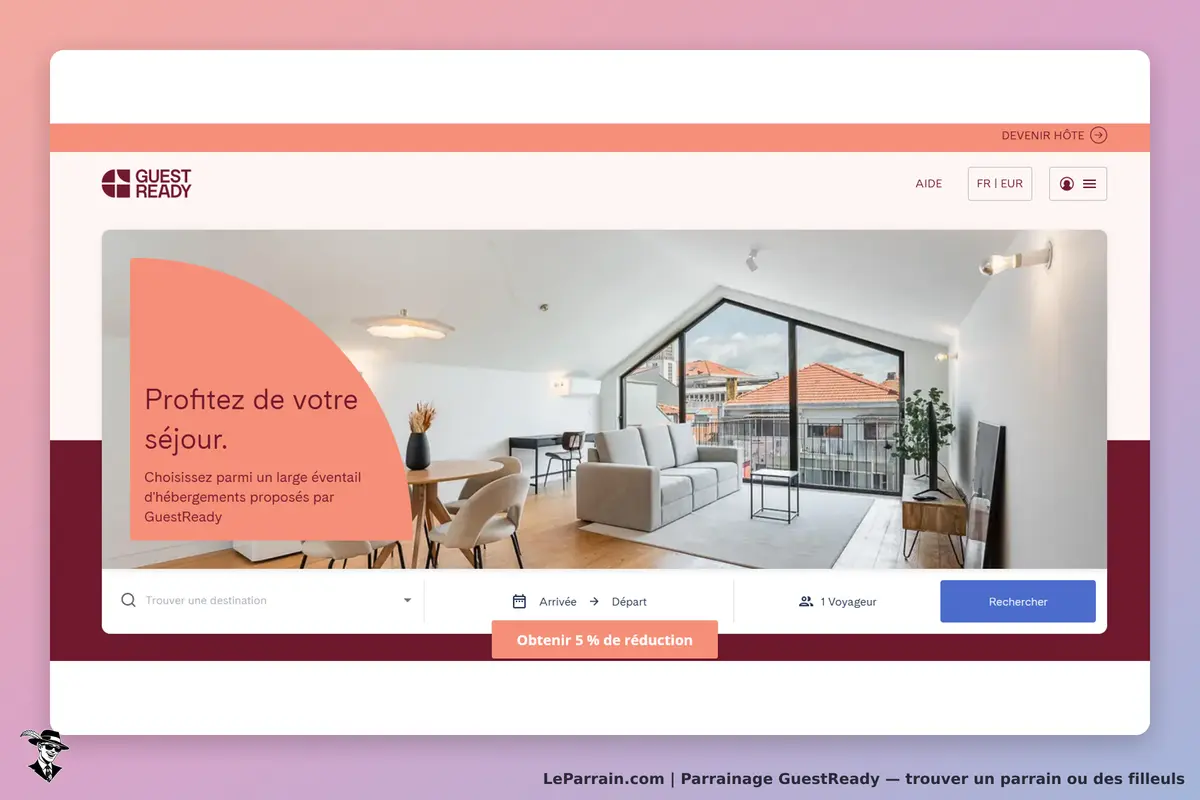 GuestReady : page d'accueil présentant un appartement moderne avec un formulaire de recherche
