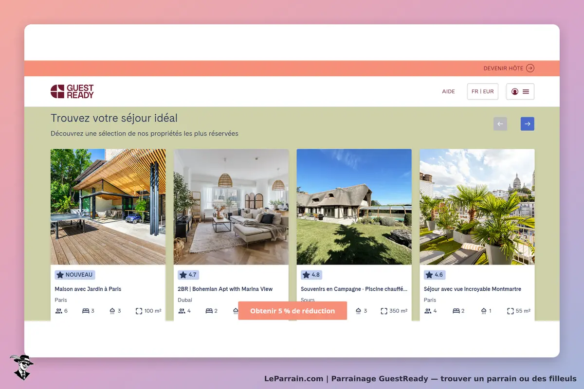 GuestReady : sélection de propriétés avec images et évaluations sur la page d'accueil