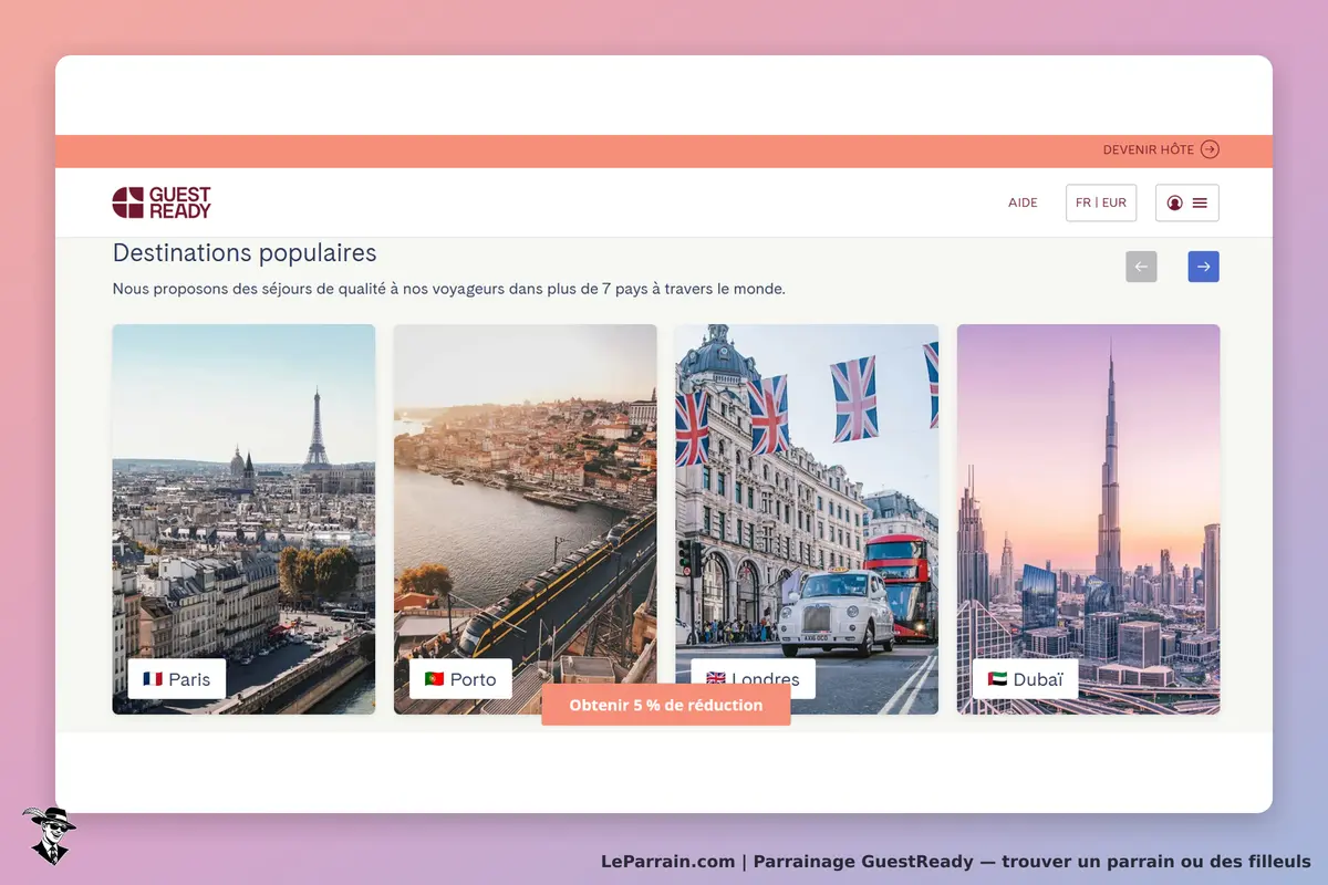 GuestReady : destinations populaires avec images de Paris, Porto, Londres et Dubaï