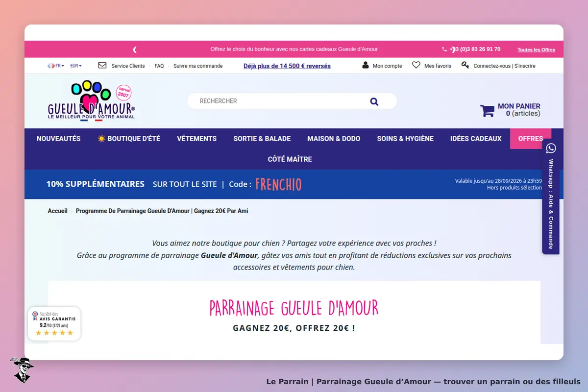 Gueule d’Amour : gueule d'Amour : page d'accueil avec menu, programme de parrainage et options de