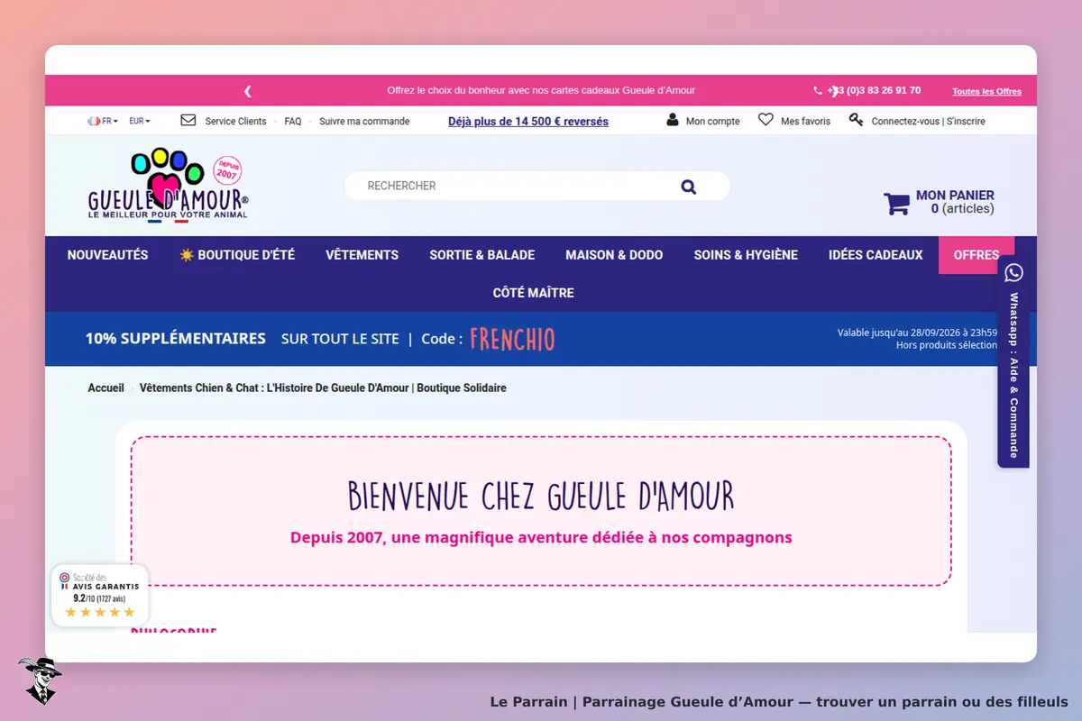 Gueule d’Amour : page d'accueil avec slogan et menu de navigation en haut de l'écran