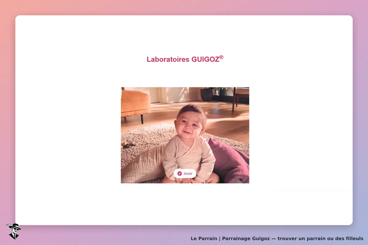 Guigoz : un bébé souriant assis sur un tapis avec un bouton "Jouer" visible