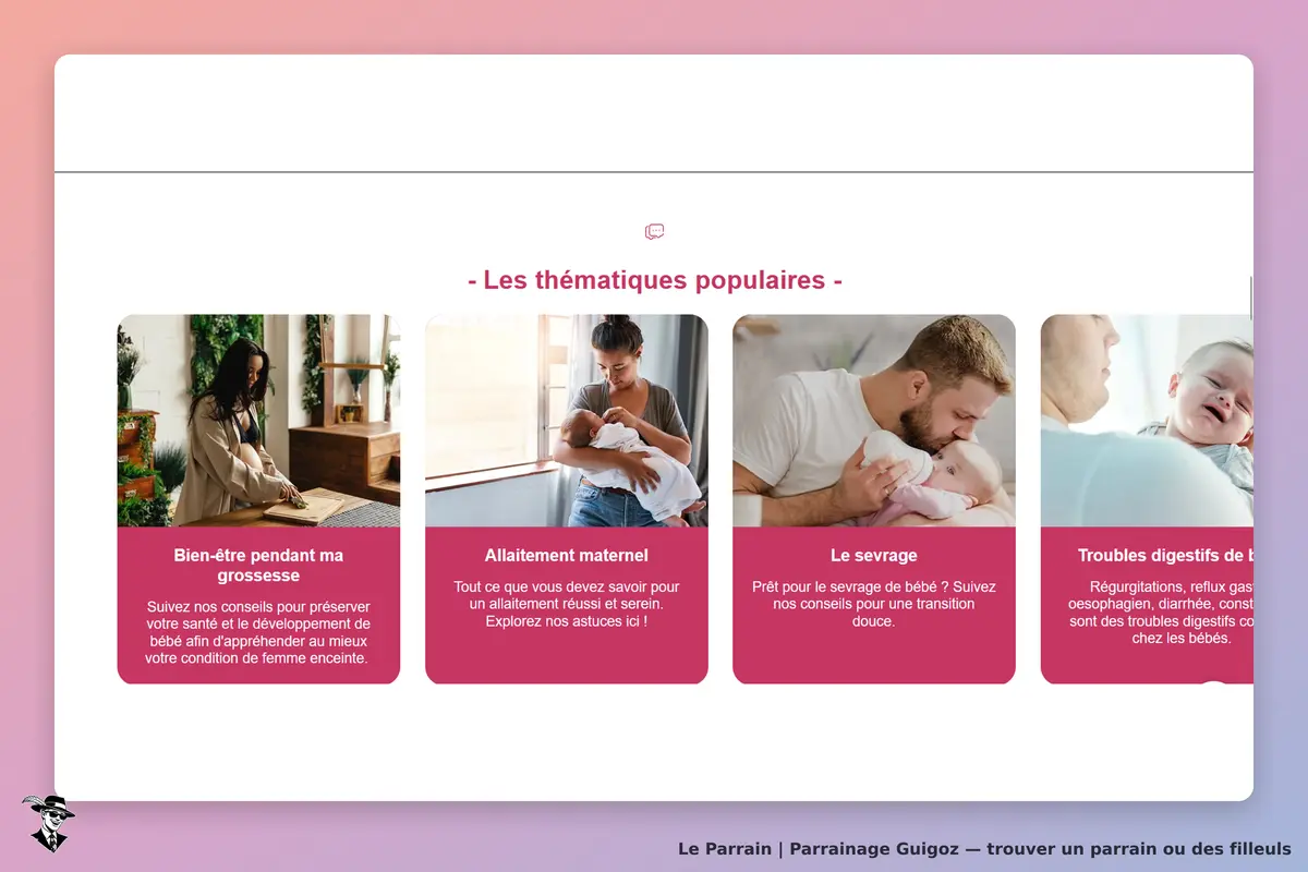 Guigoz : thématiques populaires sur la maternité avec images et descriptions de conseils