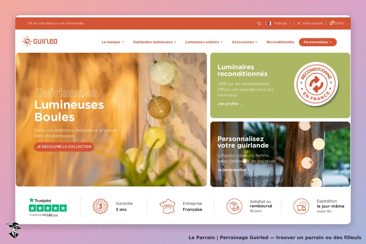 Guirled : page d'accueil présentant des guirlandes lumineuses et options de personnalisation