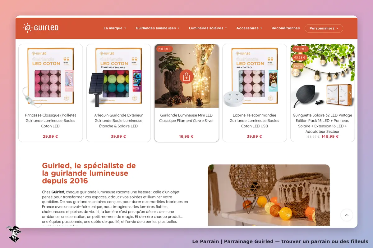 Guirled : page d'accueil présentant plusieurs guirlandes lumineuses et un texte descriptif