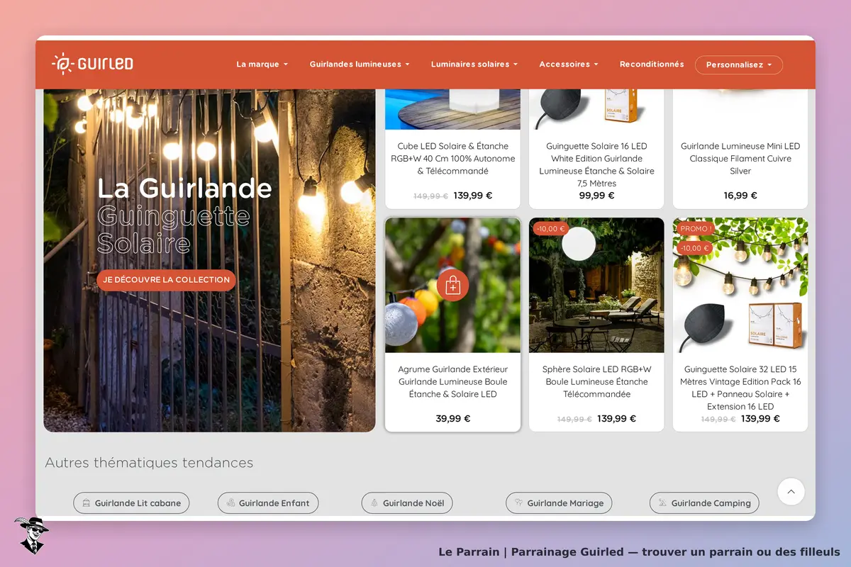 Guirled : page d'accueil avec guirlande solaire et produits lumineux affichés