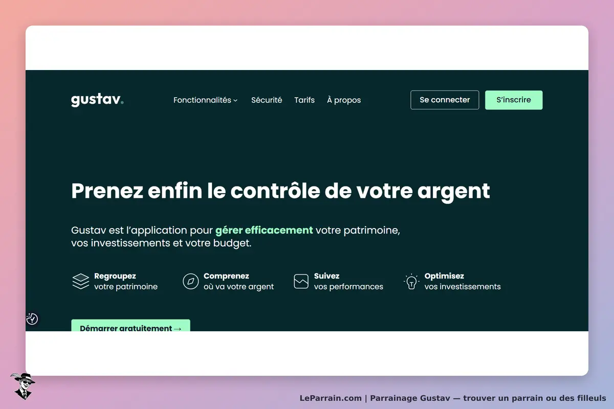gustav : page d'accueil présentant l'application de gestion financière et ses fonctionnalités