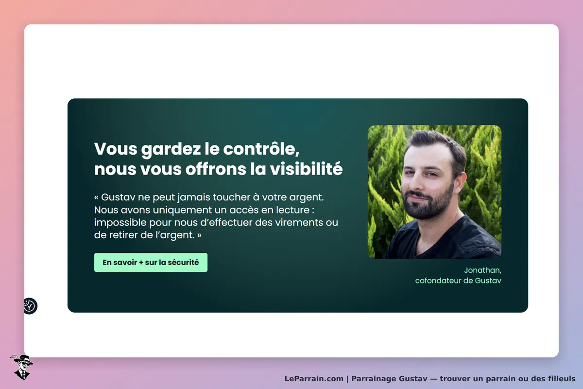Gustav : message sur la sécurité et le contrôle des finances, avec photo de Jonathan, cofondateur
