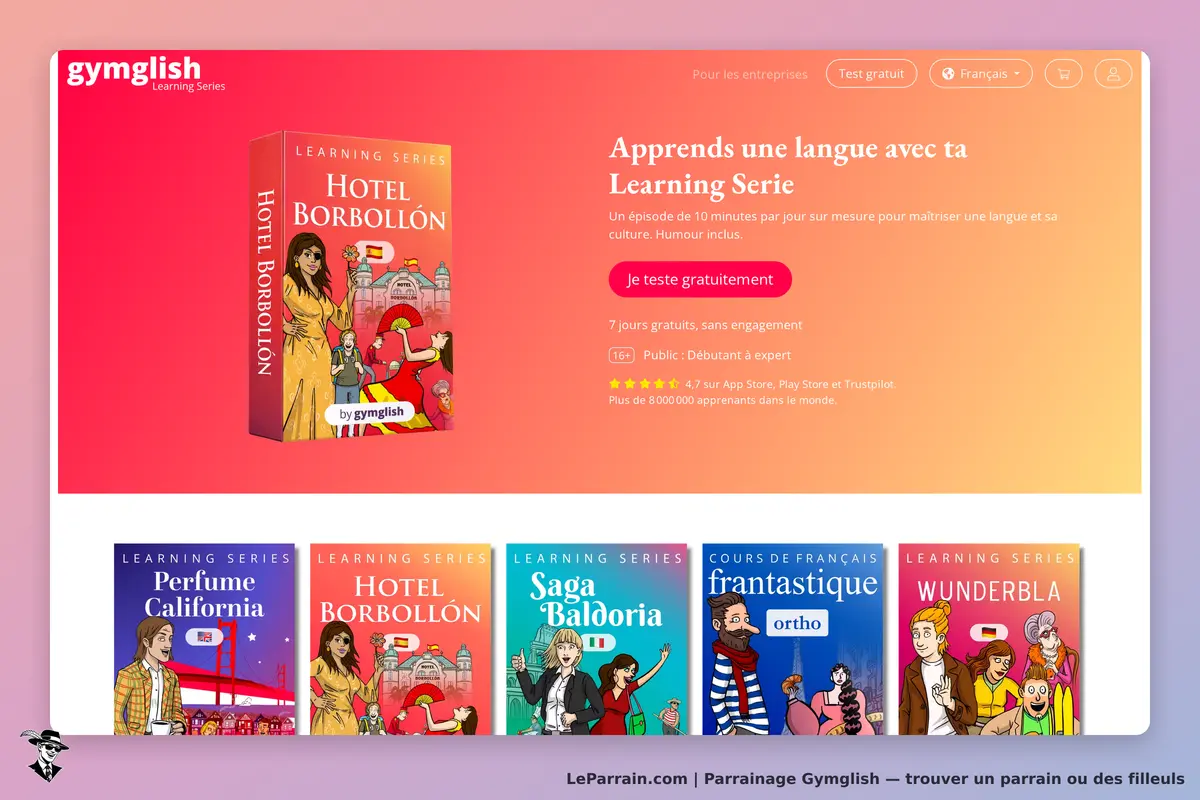 gymglish : page d'accueil présentant des séries d'apprentissage de langues et un test gratuit
