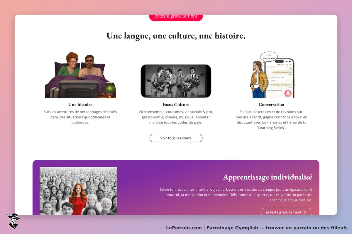 Gymglish : page d'accueil présentant des sections sur l'apprentissage et la culture