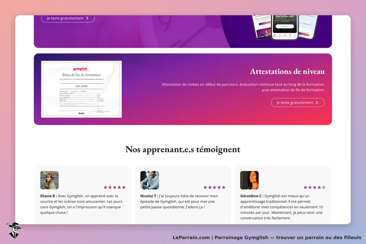Gymglish : attestation de niveau et témoignages d'apprenants sur la page d'accueil