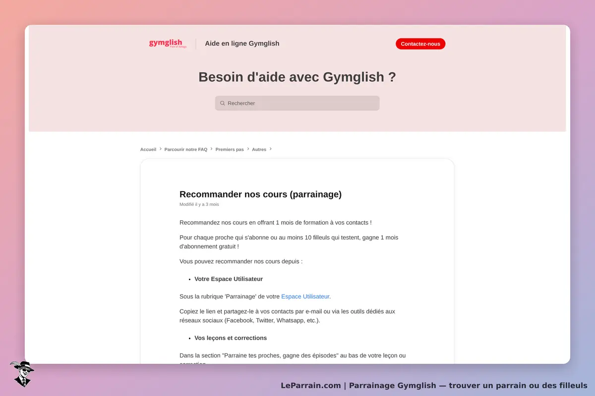 Gymglish : page d'aide sur le parrainage et recommandations de cours en ligne